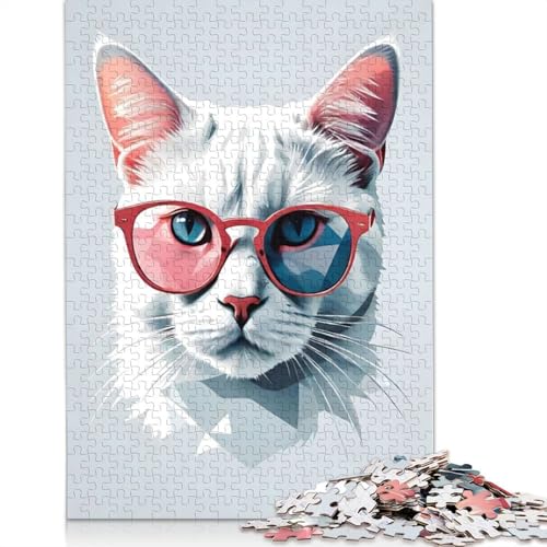 Weiße Katze mit Brille, Puzzle für Erwachsene, Lernspiel, Puzzle-Geschenke für Kinder ab 12 Jahren, 1000 Teile (75 x 50 cm) von QBIREX