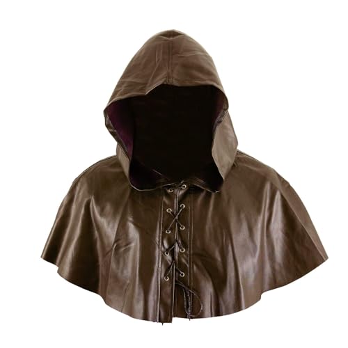 Mittelalterliche Renaissance Kutte Kapuze Cap Umhang Mönch Hexenkostüm Assassine Halloween Hut Zubehör PU Leder Goth Mantle Steampunk Rogue Mittelalter Hut Gothic Umhang Kostüm für Männer Frauen von QCZJ