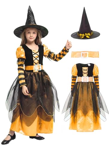 QDC Mädchen Hexenkostüm Halloween Kinder Hexekleid Zauberer Hut Deluxe Set Fasching Cosplay Kostüme Mottoparty Orange L(120-130cm) von QDC