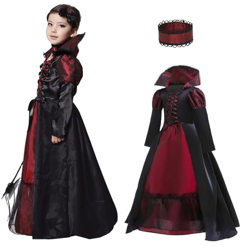 QDC Vampir Kostüm Mädchen Halloween Kostüme Kinder Gothic Vampirkostüm Prinzessin Dracula Karneval Party Fasching Kleid XL(130-140cm) von QDC
