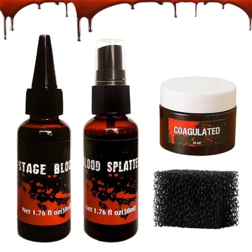 Halloween Kunstblut Set, 50ml Spray und 50ml Tropfendes Kunstblut und 40ml Geronnenes Blut, Fake Blut Realistisch, Abwaschbar und Sicher, für Kleidung, Zombie, Vampir Cosplay & Dress Up Halloween Kunstblut Set, 50ml Spray und 50ml Tropfendes Kunstblut und 40ml Geronnenes Blut, Fake Blut Realistisch, Abwaschbar und Sicher, für Kleidung, Zombie, Vampir Cosplay & Dress Up von QEEROYO
