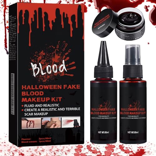Kunstblut Set, 50ml Kunstblut Spray und 50ml Tropfendes Kunstblut und 30ml Wundschorf Kunstblut, Fake Blood Realistisch, für Theaterschminke, Zombies, Vampire, Cosplay Kunstblut Set, 50ml Kunstblut Spray und 50ml Tropfendes Kunstblut und 30ml Wundschorf Kunstblut, Fake Blood Realistisch, für Theaterschminke, Zombies, Vampire, Cosplay von QEEROYO