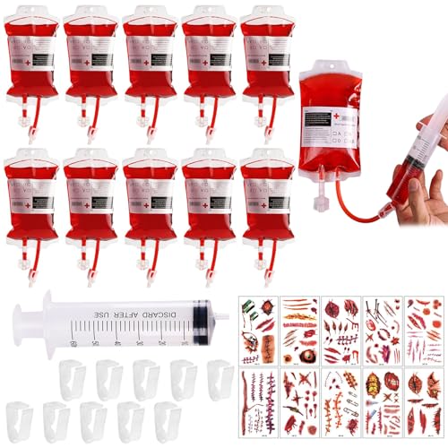 QEEROYO Halloween Blutbeutel Set, 10 Stück, 350 ml Infusionsbeutel mit Spritze und Aufkleber, Vampir Zombie Party Kostüm Deko QEEROYO Halloween Blutbeutel Set, 10 Stück, 350 ml Infusionsbeutel mit Spritze und Aufkleber, Vampir Zombie Party Kostüm Deko von QEEROYO