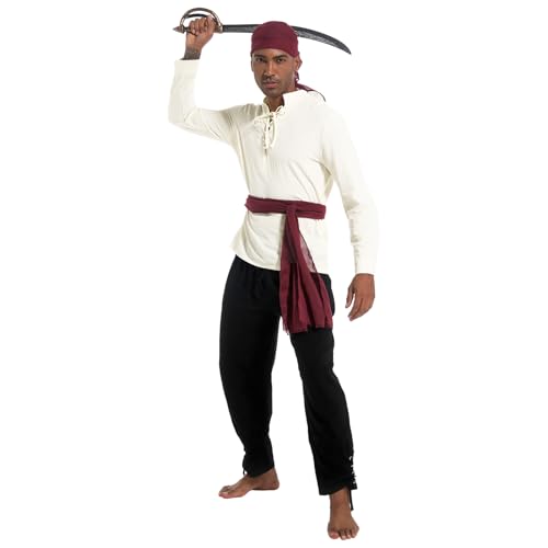QEKFDOV 5 Stück Herren Piraten kostüm Set,Mittelalter Kleidung mit Mittelalter Hemd Hose Piraten Bandana Gürtel für Halloween Karneval Cosplay. (L) von QEKFDOV