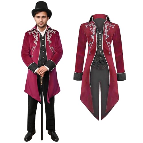 QEKFDOV Herren Mittelalter Steampunk Frack Jacke,Gothic Frack Jacke Mantel,Renaissance Retro viktorianische Hof Stickerei Mantel Vampir Cosplay (Rot, L) von QEKFDOV