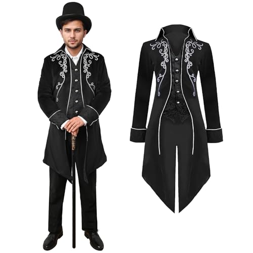 QEKFDOV Herren Mittelalter Steampunk Frack Jacke,Gothic Frack Jacke Mantel,Renaissance Retro viktorianische Hof Stickerei Mantel Vampir Cosplay (Schwarz, S) von QEKFDOV