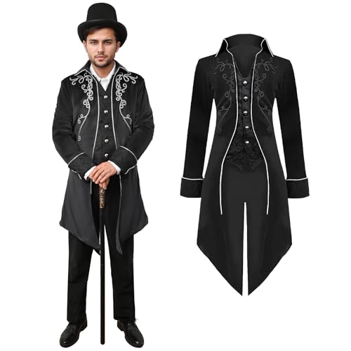 QEKFDOV Herren Mittelalter Steampunk Frack Jacke,Gothic Frack Jacke Mantel,Renaissance Retro viktorianische Hof Stickerei Mantel Vampir Cosplay (Schwarz, XL) von QEKFDOV