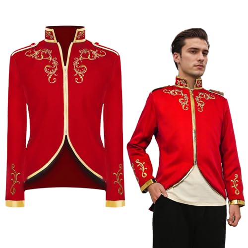 QEKFDOV Herren Prinz Kostüm,Blazer Steampunk Gothic Mantel,Mittelalter Viktorianischen Retro Kleidung,Halloween Cosplaye Frack (Rot, L) von QEKFDOV