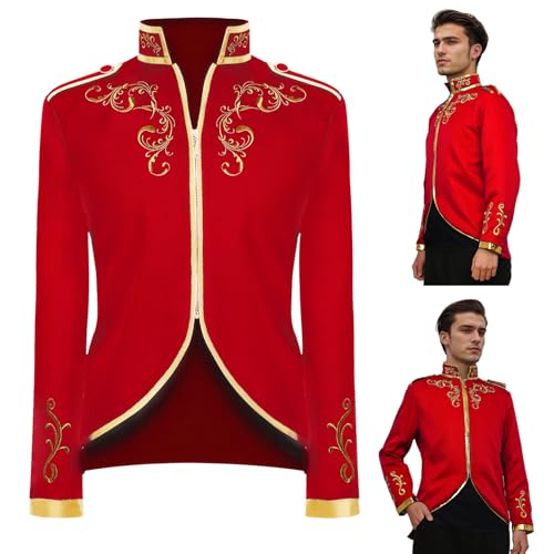 QEKFDOV Herren Prinz Kostüm,Blazer Steampunk Gothic Mantel,Mittelalter Viktorianischen Retro Kleidung,Halloween Cosplaye Frack (Rot, L) von QEKFDOV