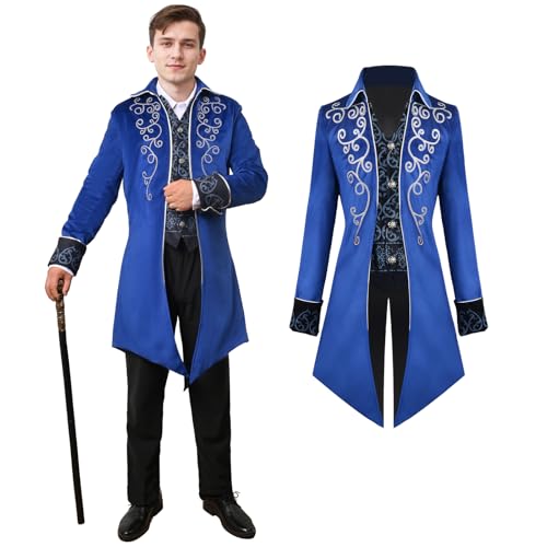 QEKFDOV Herren Steampunk Frack Mantel,Gothic Mittelalter Kleidung,Vintage viktorianischen Frack,Renaissance Halloween Cosplay Kostüm (Blau, M) von QEKFDOV
