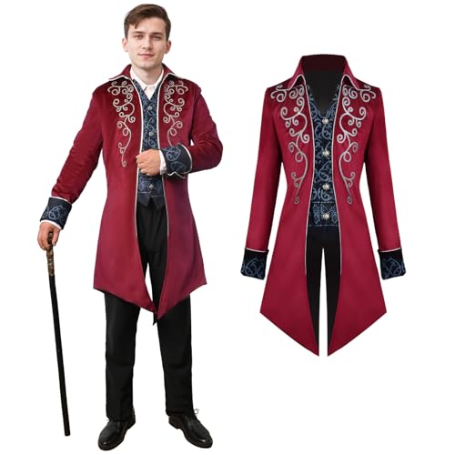 QEKFDOV Herren Steampunk Frack Mantel,Gothic Mittelalter Kleidung,Vintage viktorianischen Frack,Renaissance Halloween Cosplay Kostüm (Rot, M) von QEKFDOV