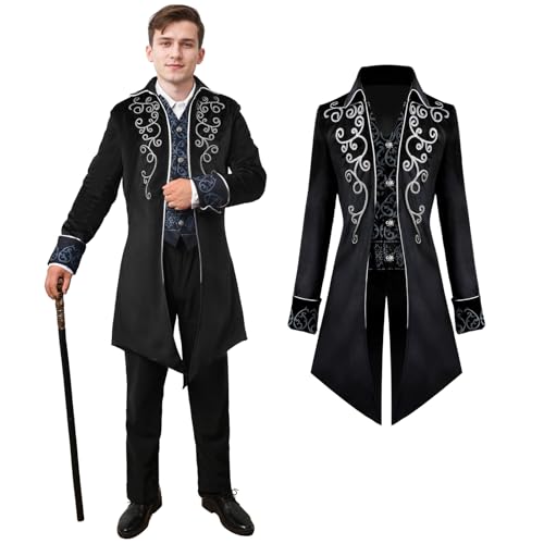QEKFDOV Herren Steampunk Frack Mantel,Gothic Mittelalter Kleidung,Vintage viktorianischen Frack,Renaissance Halloween Cosplay Kostüm (Schwarz, L) von QEKFDOV