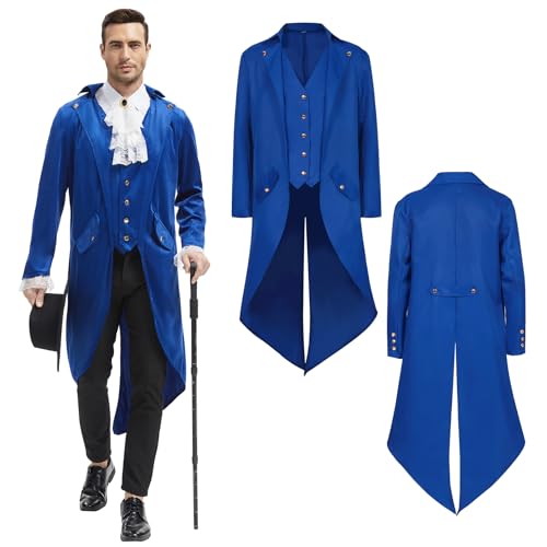 QEKFDOV Men's Steampunk Tailcoat,Medieval Victorian Coat,Gothic Renaissance Vintage Jacket for Carnival Halloween Cosplay Costume (Blau, 3XL) von QEKFDOV