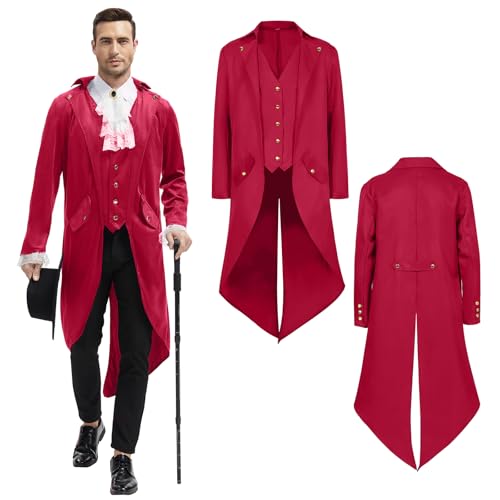 QEKFDOV Men's Steampunk Tailcoat,Medieval Victorian Coat,Gothic Renaissance Vintage Jacket for Carnival Halloween Cosplay Costume (Rot, XL) von QEKFDOV