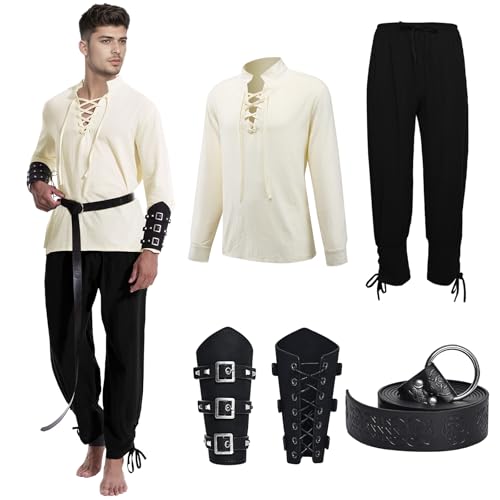 QEKFDOV Mittelalter Hemd Viking Kostüm Herren,5 Stück Renaissance Kostüm Set Hose mit Zubehör, für Halloween Karneval Pirat Cosplay (Style-A, M) von QEKFDOV