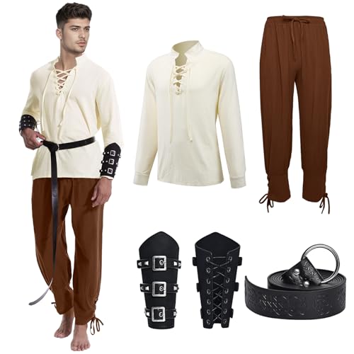 QEKFDOV Mittelalter Hemd Viking Kostüm Herren,5 Stück Renaissance Kostüm Set Hose mit Zubehör, für Halloween Karneval Pirat Cosplay (Style-B, S) von QEKFDOV
