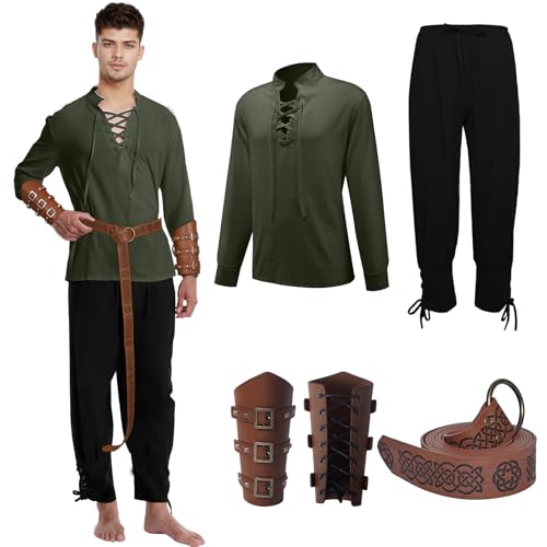 QEKFDOV Mittelalter Hemd Viking Kostüm Herren,5 Stück Renaissance Kostüm Set Hose mit Zubehör, für Halloween Karneval Pirat Cosplay (Style-C, L) von QEKFDOV