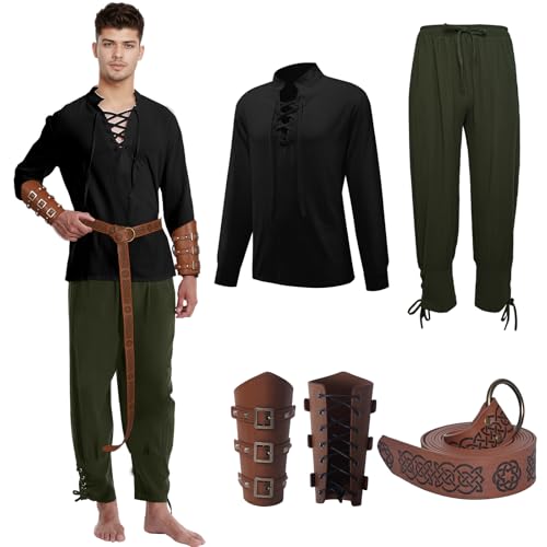 QEKFDOV Mittelalter Hemd Viking Kostüm Herren,5 Stück Renaissance Kostüm Set Hose mit Zubehör, für Halloween Karneval Pirat Cosplay (Style-D, M) von QEKFDOV