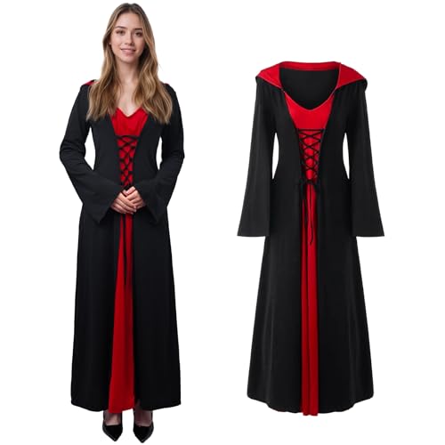 QEKFDOV Mittelalter Kleidung Damen,Renaissance Kostüm Frauen Gothic Kleid für Fasching Halloween (B, L) von QEKFDOV