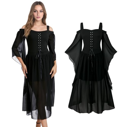 QEKFDOV Mittelalter Kleidung Damen,Renaissance Kostüm Frauen Gothic Kleid für Fasching Halloween (C, S) von QEKFDOV