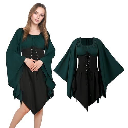 QEKFDOV Mittelalter Kleidung Damen,Renaissance Kostüm Frauen Gothic Kleid für Fasching Halloween (E, L) von QEKFDOV