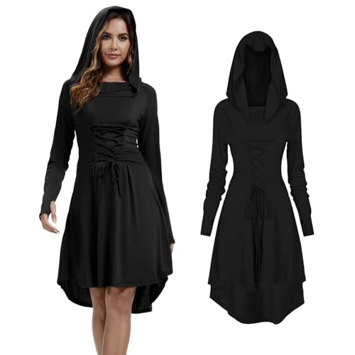 QEKFDOV Renaissance Kostüm Damen,Mittelalterliches Kostüm Kleid,Gothic Kapuzenkleid Set,Halloween Retro Cosplay(D, 3XL) von QEKFDOV