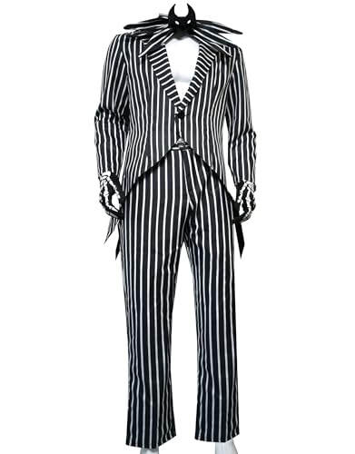 QENUIA Herren-Kostüm, schwarz-weiß gestreift, Frack, Hose, Handschuhe, Fliege, komplettes Set, Cosplay-Anzüge von QENUIA