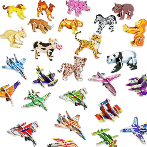 QEOTOH 25PCS Educational 3D Cartoon Puzzle, 3D Puzzle for Kids Toys Pack, 3D Paper Puzzles Paper Model Craft DIY Puzz Kits, Cartoon Art Craft Gift for Boys & Girls, No Repeat (Animals & Aircraft) von QEOTOH