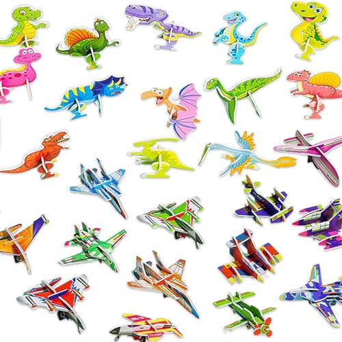 QEOTOH 25PCS Educational 3D Cartoon Puzzle, 3D Puzzle for Kids Toys Pack, 3D Paper Puzzles Paper Model Craft DIY Puzz Kits, Cartoon Art Craft Gift for Boys & Girls, No Repeat (Dinosaurs & Aircraft) von QEOTOH