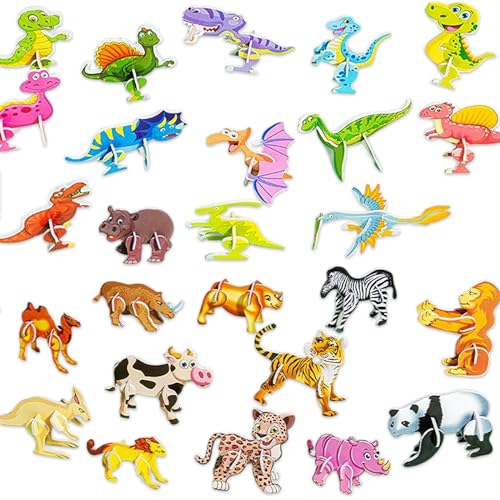 QEOTOH 25PCS Educational 3D Cartoon Puzzle, 3D Puzzle for Kids Toys Pack, 3D Paper Puzzles Paper Model Craft DIY Puzz Kits, Cartoon Art Craft Gift for Boys & Girls, No Repeat (Dinosaurs & Animals) von QEOTOH