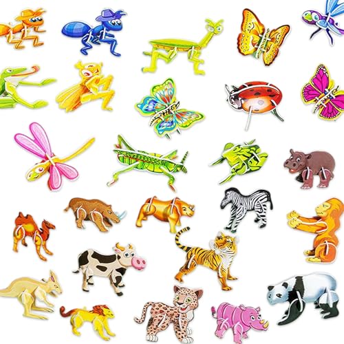 QEOTOH 25PCS Educational 3D Cartoon Puzzle, 3D Puzzle for Kids Toys Pack, 3D Paper Puzzles Paper Model Craft DIY Puzz Kits, Cartoon Art Craft Gift for Boys & Girls, No Repeat (Insects & Animals) von QEOTOH