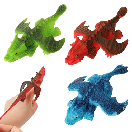 QEOTOH Stretchy Dragon Decompression Anxiety Relief Toy, 3 Pack Novelty Creative Slingshot Dinosaur Toy, Rubber Dino Finger Sling Shot Toys Quick Rebound, Flying Games Party Favors for Kids Adults von QEOTOH