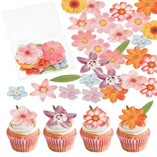QESSUVNC 50 Stück Essbare Blüten, Essbar Blumen für Torte und Blätter, Tortendeko Essbar Cupcake Toppers für Muffin, Geburtstag Hochzeitsfeier Esspapier Tortendeko von QESSUVNC