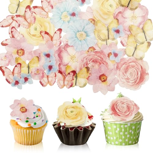 QESSUVNC 102 Stück Essbare Blüten, Essbar Blumen für Torte und Schmetterlinge, Tortendeko Essbar Cupcake Toppers für Muffin, Geburtstag Hochzeitsfeier Esspapier Tortendeko von QESSUVNC