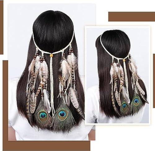 QESSUVNC Indianer Kostüm Damen Hippie KostüM Damen Hippie Boho Haarband Haarschmuck Hippie Kostüm Indianer Stirnband Damen StirnbäNder Pfau (Feder, Braun) von QESSUVNC