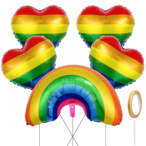 Regenbogen-Luftballons, selbstaufblasende Luftballons, Folienballon, Party-Dekorationen, Regenbogen-Party-Dekorationen für Erwachsene, Geburtstagsdekorationen (1 Regenbogen + 4 Herz), 5 Stück von QESSUVNC