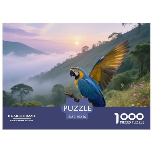 Blau-Gelb Macaw1000 Stück Rundes Puzzle Visuelle Komplexität Ab 10 Jahren Mustererkennung Vogel Kinderzimmer Dekoration Geschenkset 70x50cm/1000pcs von QEVAWPAE