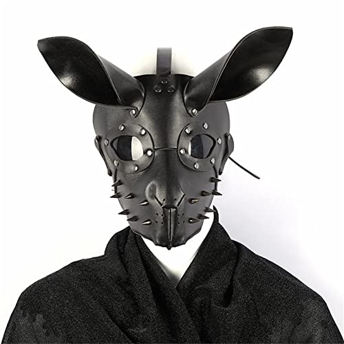QEXTY Kaninchenmaske Hase Cosplay Maske Halloween Ostern Nachtclub Party Nieten Dekoration Punk Stil PU Leder Verstellbare Maske (Farbe: Schwarz, Größe: Einheitsgröße) von QEXTY