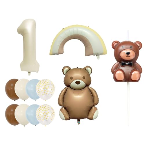 QFEHTHSK 1 Set Bär Regenbogen Deko Luftballons, 1 Stück Bär Kerze, Kindergeburtstag Luftballons, 1. Geburtstag Dekorationen, Folien Deko Luftballons, Raumdeko Luftballons Für Jungen Und Mädchen von QFEHTHSK