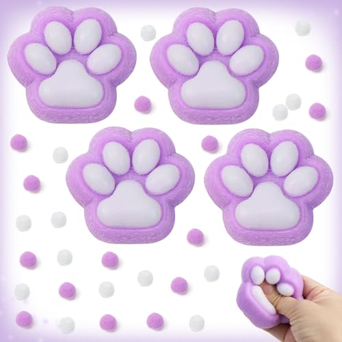 QGGTQG Cat Paw Squeeze Toy 4 Stück Quetschspielzeug in Form Einer Katzenpfote Anti Stress Taba Squishy Pfote mit Bällen Lustig Katzenpfoten Squishy für Anti Stress und Angst Relief (Lila) von QGGTQG