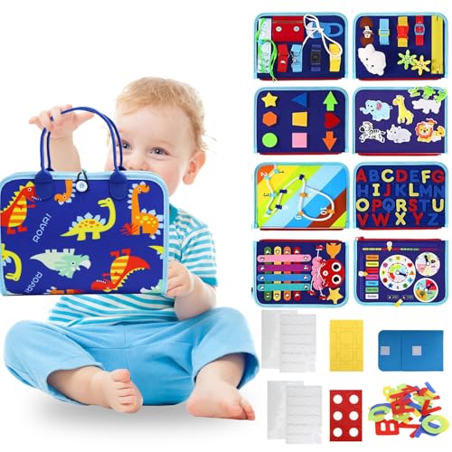 QGGTQG Montessori Busy Board, Englisch Activity Board, 8 in 1 Motorikspielzeug, 1 2 3 4 Jahre alt Kleinkind Quiet Book, Filzbuch Jungen und Mädchen Geschenk-Optionen, Reisebegleiter (Blau) von QGGTQG