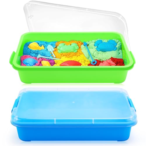 QGGTQG Sandkasten mit Deckel Sandkasten Sensory Bin mit Deckel für Kinder Kunststoff Tablett Sandkasten Abdeckung Sensory Sandbox Container für Wasser, Sand, Perlen und Mehr (Grün und Blau) von QGGTQG