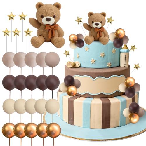 QGGTQG Teddybär Tortendeko 26 Stück Cake Topper Geburtstag mit Kugeln, Teddybär Kuchen Dekoration Tortendeko Taufe Junge Gender Reveal für Geburtstag Party, Mottopartys (Dunkelbrauner) von QGGTQG