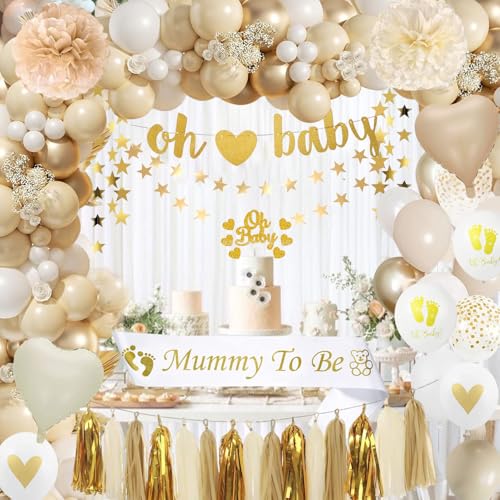 Babyparty Deko Mädchen, Babyparty Mädchen Junge, Baby Shower Deko Weiße Gold Luftballoons, Oh Baby Girlande, Mommy to Be Sash für Babyshowerparty Neutral, Gender Reveal Party Dekoration Girl Boy von QGKFFOB