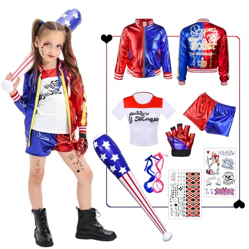 QGKFFOB Quinn Kostüme Kinder, Mädchen Bösewicht Quinn Cosplay Suicide Clown Kostüm Set mit Jacke, T-Shirt, Shorts, Handschuh Perücken Tattoo Baseballschläger Cosplay für Karneval Faschings Halloween QGKFFOB Quinn Kostüme Kinder, Mädchen Bösewicht Quinn Cosplay Suicide Clown Kostüm Set mit Jacke, T-Shirt, Shorts, Handschuh Perücken Tattoo Baseballschläger Cosplay für Karneval Faschings Halloween von QGKFFOB