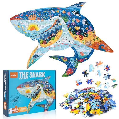 Kinderpuzzle, 128 Teile Ozean Tier Puzzle Pädagogisches Spielzeug Holzpuzzle Jigsaw Kinder Lernspielzeug Geschenk für Jungen Mädchen ab 3 5-12 Jahren (Hai) von QH-Shop