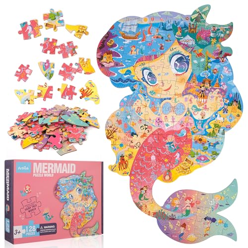 Kinderpuzzle, 128 Teile Tier Puzzle Pädagogisches Spielzeug Holzpuzzle Jigsaw Kinder Lernspielzeug Geschenk für Jungen Mädchen ab 3 5-12 Jahren (Meerjungfrau) von QH-Shop