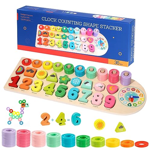 QH-Shop Montessori Spielzeug Holzpuzzle für Kinder ab 3 4 5 6 Jahre, Holzspielzeug Mathe Lernspielzeug Zahlen Farben Formen Zeit Uhr Erkennen, Geschenk für Jungen Mädchen von QH-Shop