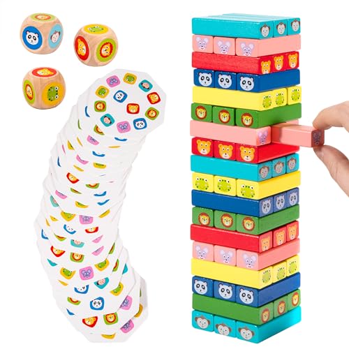 QH-Shop Hölzern Turm Stapelspiel, Holz Stapelturm Brettspiel Wackelturm Feinmotorik-Bausteine mit Farben und Tieren Pädagogisches Spielzeug für Kinder ab 3 Jahre von QH-Shop