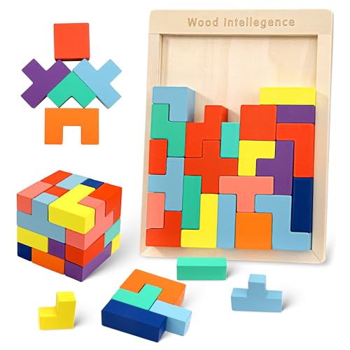 Montessori Tangram Puzzle, Kreatives Holzpuzzle mit 30 Stück Bunte Bausteine, Kinder Geschicklichkeitsspiel Lernspielzeug Geschenk für Jungen Mädchen ab 3 4 5 Jahre von QH-Shop